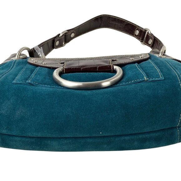 Maxx New York Belted Teal Blue Brushed Leather Steel Ring Handbag - Picture 5 of 10
